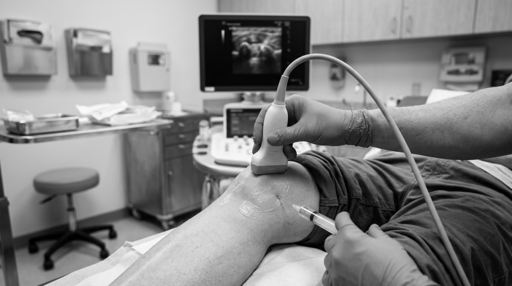 Médico realizando infiltração articular guiada por aparelho de ultrassom